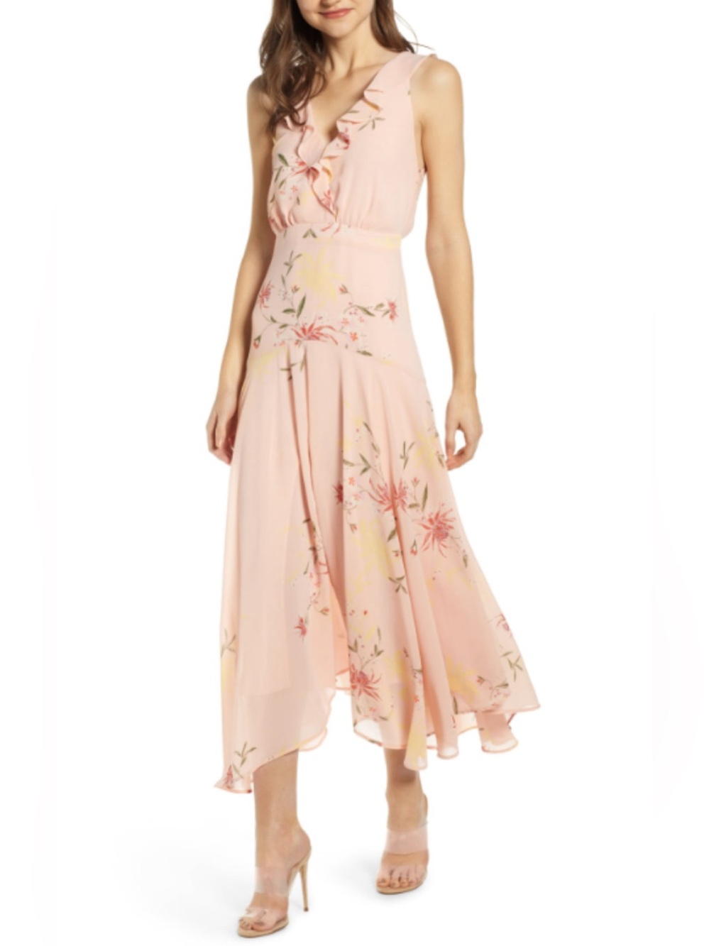 ASTR Ruffled V-Neck Floral Midi Dress in Blush Pink